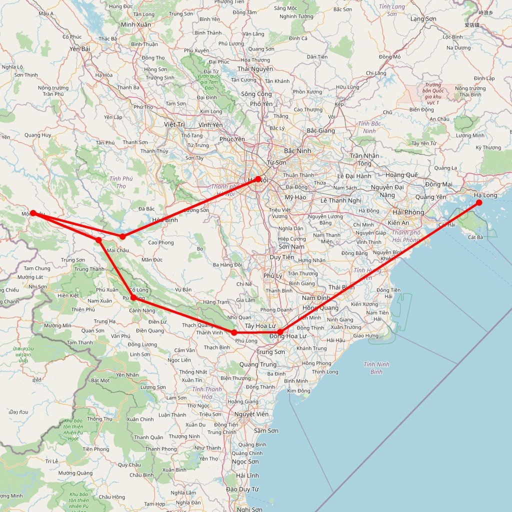 Carte de l'itinéraire du circuit à vélo dans le Nord du Vietnam : montagnes, terrasses et croisière en baie d'Halong en Vietnam