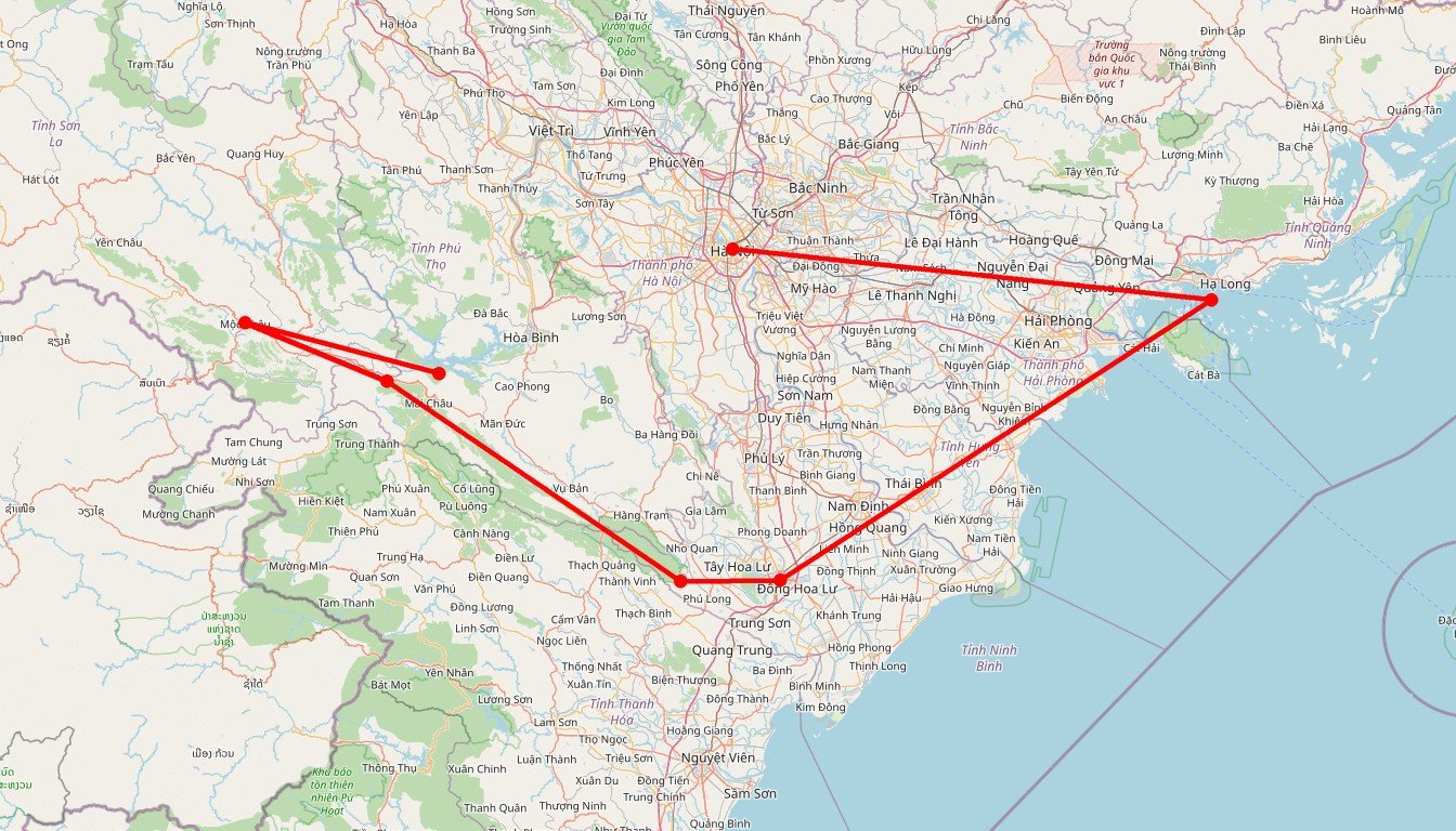 Carte de l'itinéraire du circuit Circuit à vélo dans le Nord du Vietnam : montagnes, terrasses et croisière en baie d'Halong en Vietnam