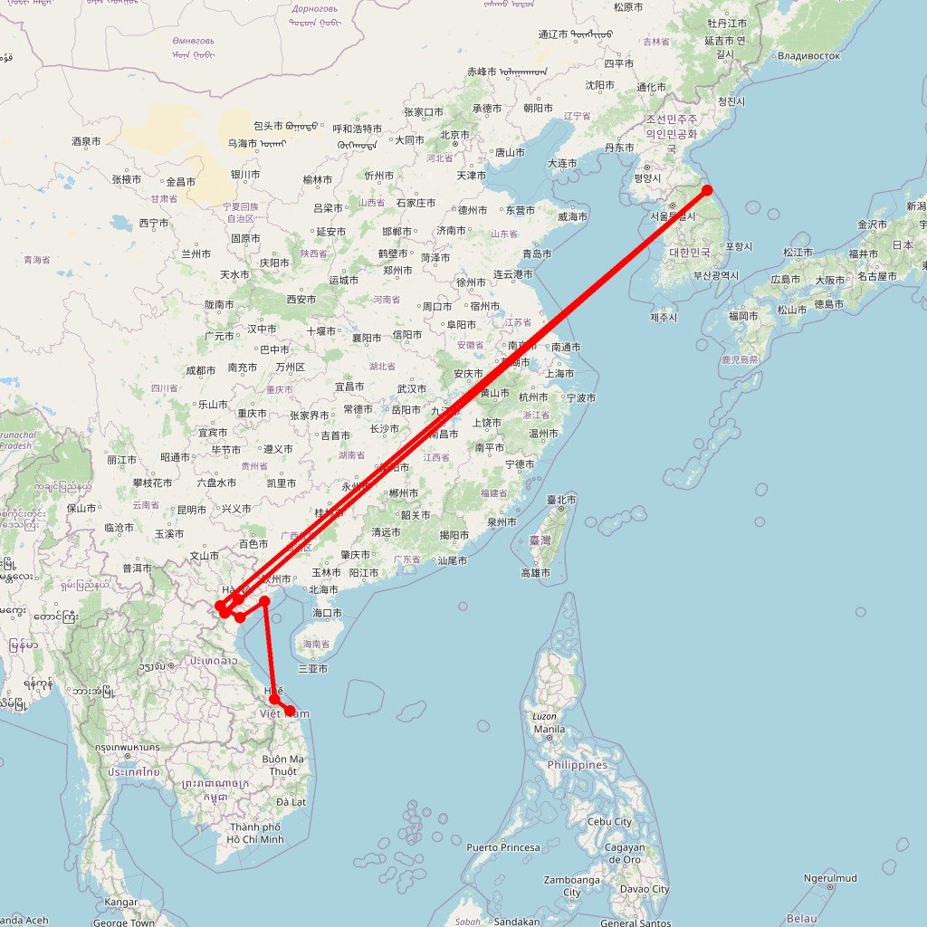 Carte de l'itinéraire du circuit Voyage au Vietnam: randonnées en Pù Luông, croisière en baie d’Ha Long et découvertes d’Hanoï, avec extension à Hué et Hoi An en Vietnam