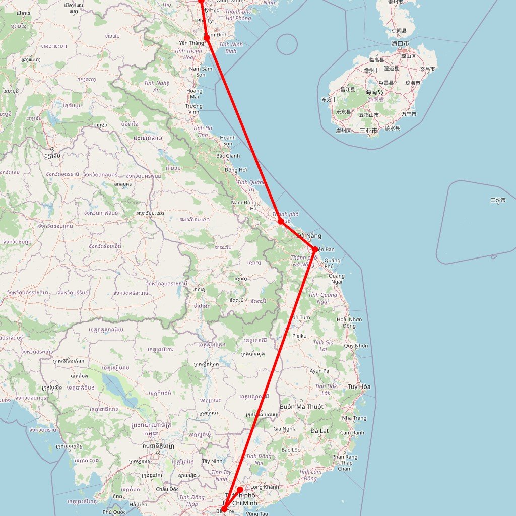 Carte de l'itinéraire du circuit Balade gastronomique vietnamienne : du Tonkin à la Cochinchine, voyage culinaire du nord au sud en Vietnam