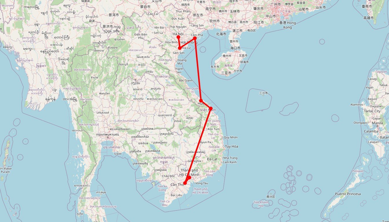 Carte de l'itinéraire du circuit Circuit Balade gastronomique vietnamienne : du Tonkin à la Cochinchine, voyage culinaire du nord au sud en Vietnam