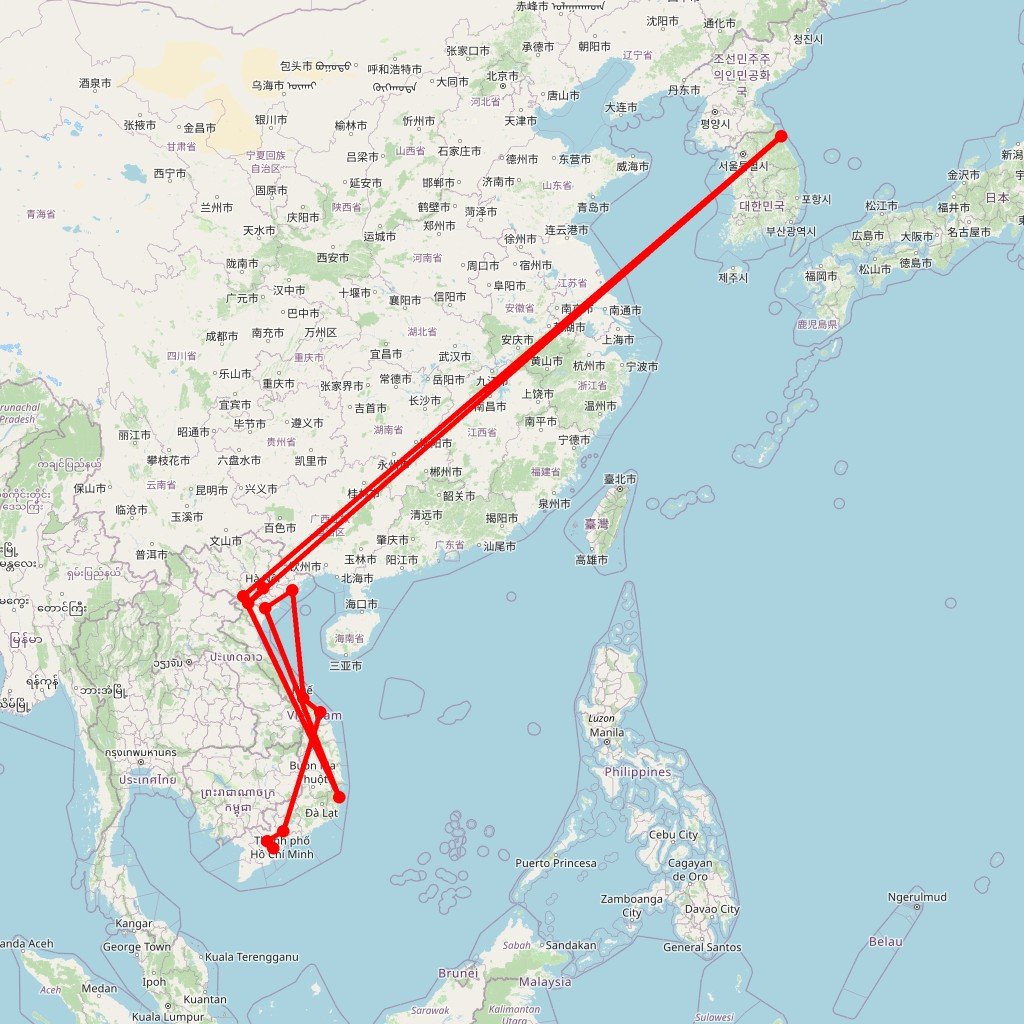 Carte de l'itinéraire du circuit Aventure nord-sud au Vietnam: randonnée à Pu Lùông, croisière en baie d'Halong et immersion à Hue, Hoi An puis Delta du Mékong en Vietnam