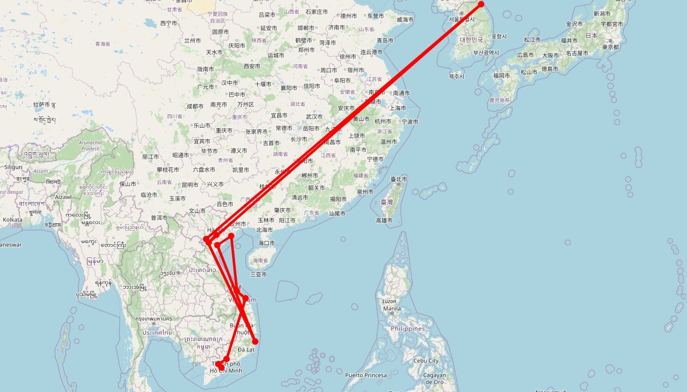 Carte de l'itinéraire du circuit Circuit Aventure nord-sud au Vietnam: randonnée à Pu Lùông, croisière en baie d'Halong et immersion à Hue, Hoi An puis Delta du Mékong en Vietnam