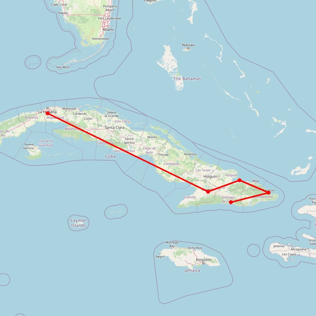 Carte de l'itinéraire du circuit Une semaine d’autotour dans l’est de Cuba, de Santiago de Cuba à la Sierra Maestra via Baracoa, le Parc d'Humboldt et Cayo Saetia en Cuba