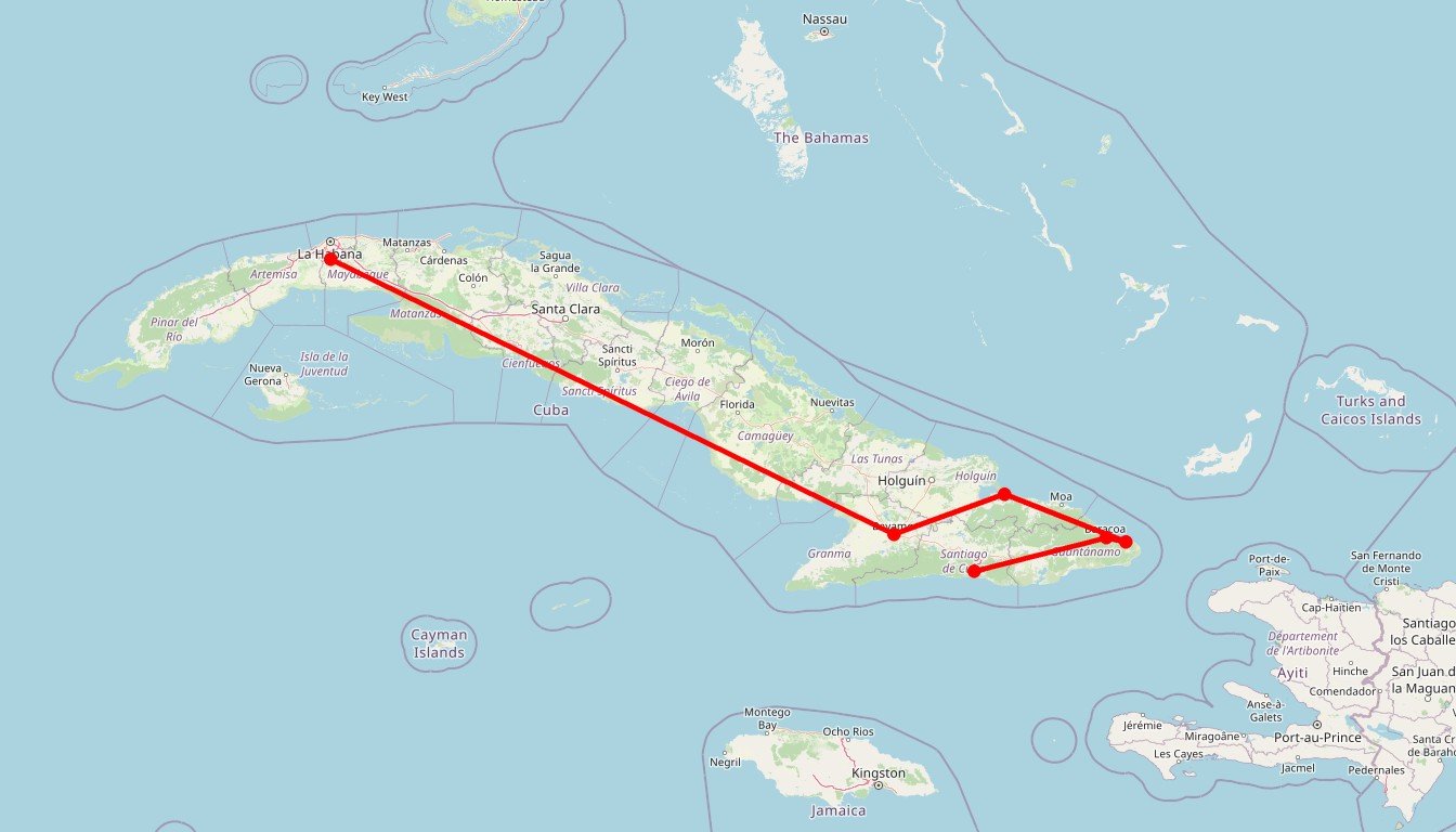 Carte de l'itinéraire du circuit Circuit Une semaine d’autotour dans l’est de Cuba, de Santiago de Cuba à la Sierra Maestra via Baracoa, le Parc d'Humboldt et Cayo Saetia en Cuba