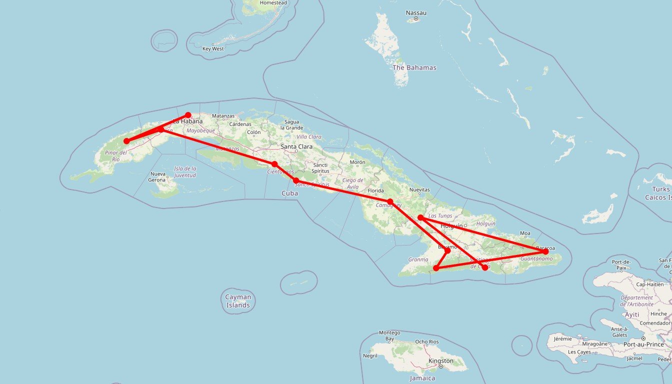 Carte de l'itinéraire du circuit Circuit d’ouest en est : de la Havane à Santiago à Viñales, Topes de Collantes, El Nicho, Baracoa et La Comandancia en Cuba