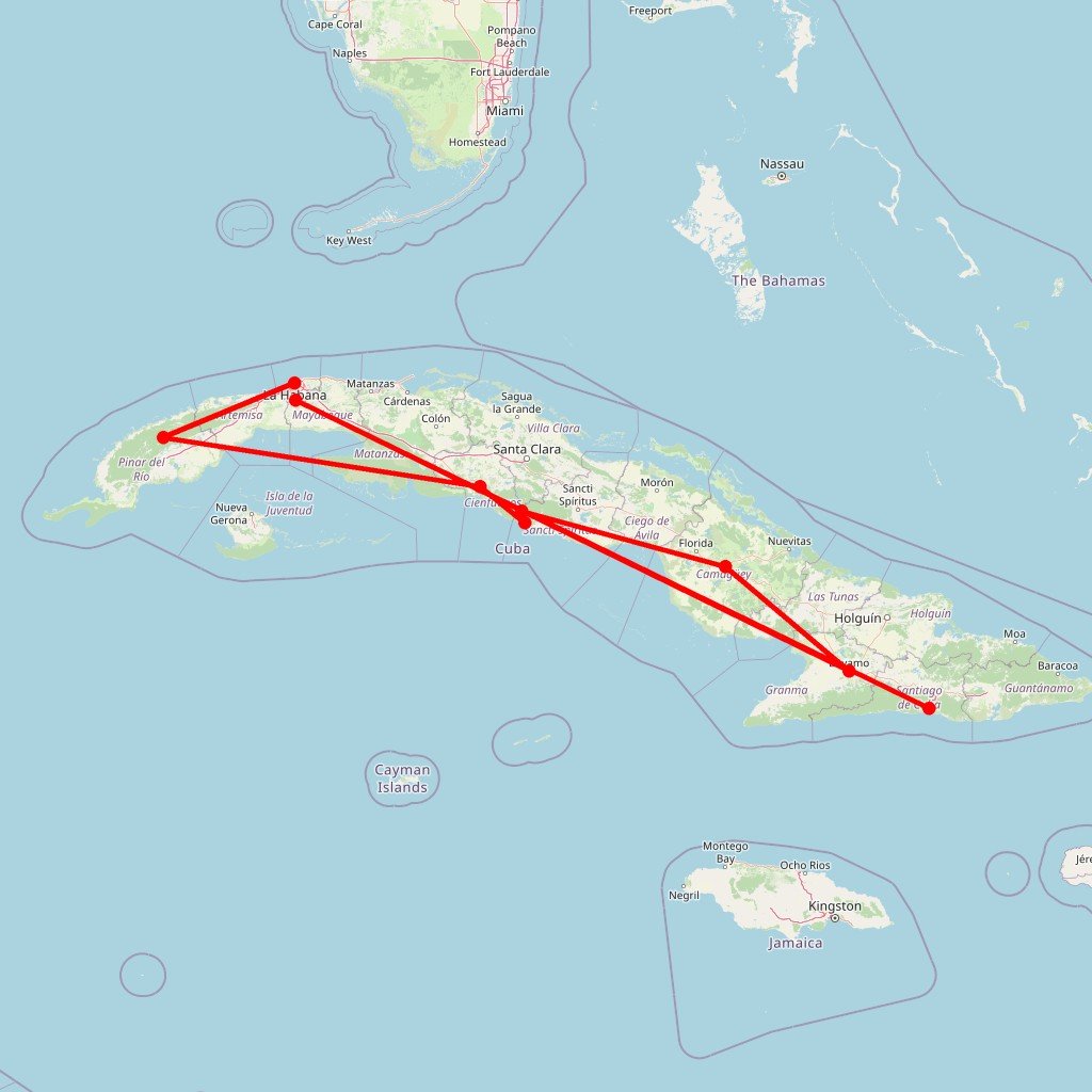 Carte de l'itinéraire du circuit Immersion cubaine : itinéraire culturel de La Havane à Santiago, en passant par Viñales, Cienfuegos, Santa Clara, Trinidad, Camagüey et Holguín en Cuba