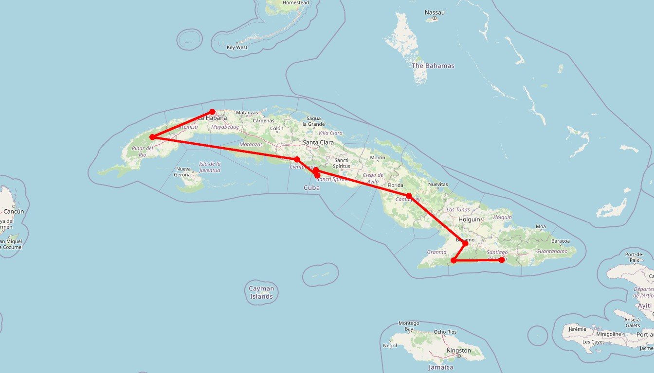 Carte de l'itinéraire du circuit Circuit Immersion cubaine : itinéraire culturel de La Havane à Santiago, en passant par Viñales, Cienfuegos, Santa Clara, Trinidad, Camagüey et Holguín en Cuba