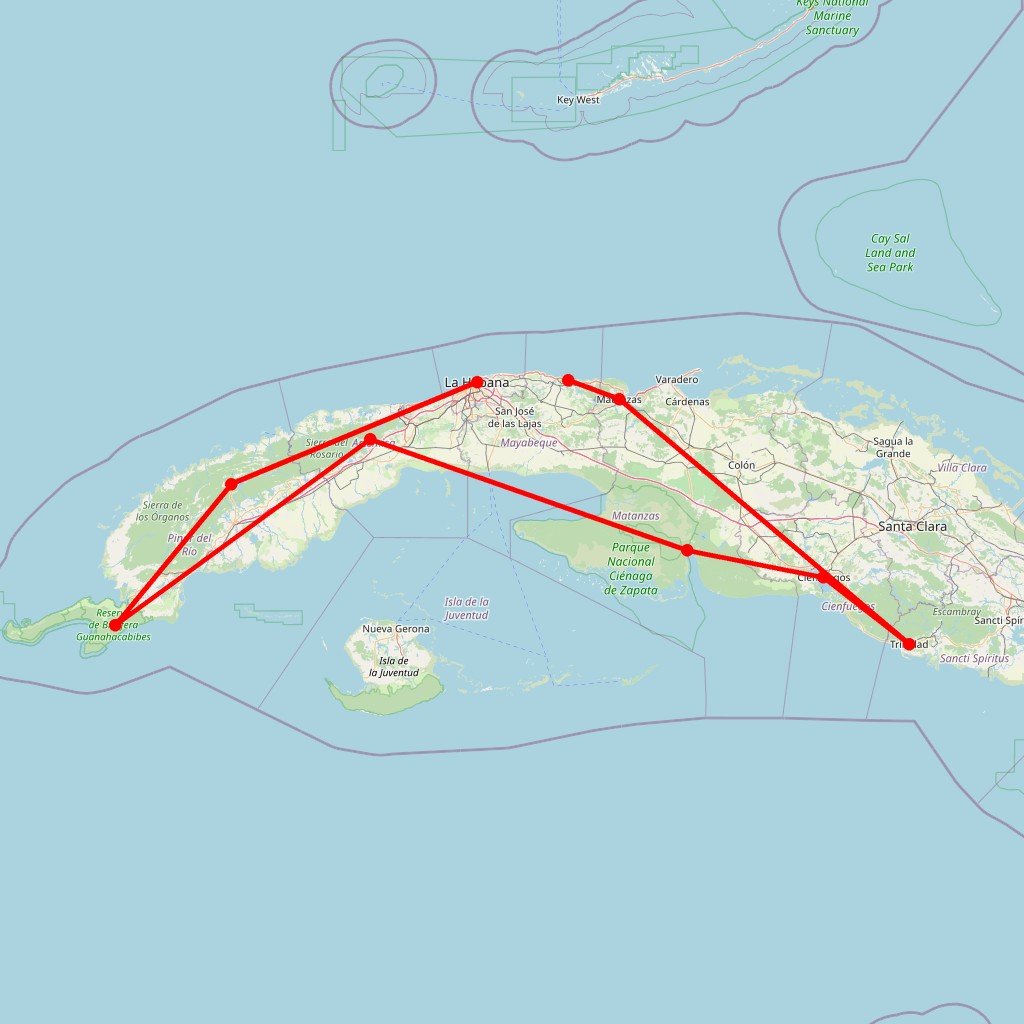 Carte de l'itinéraire du circuit Cuba authentique: Viñales, Guanahacabibes et Cienfuegos, avec le train Hershey en Cuba