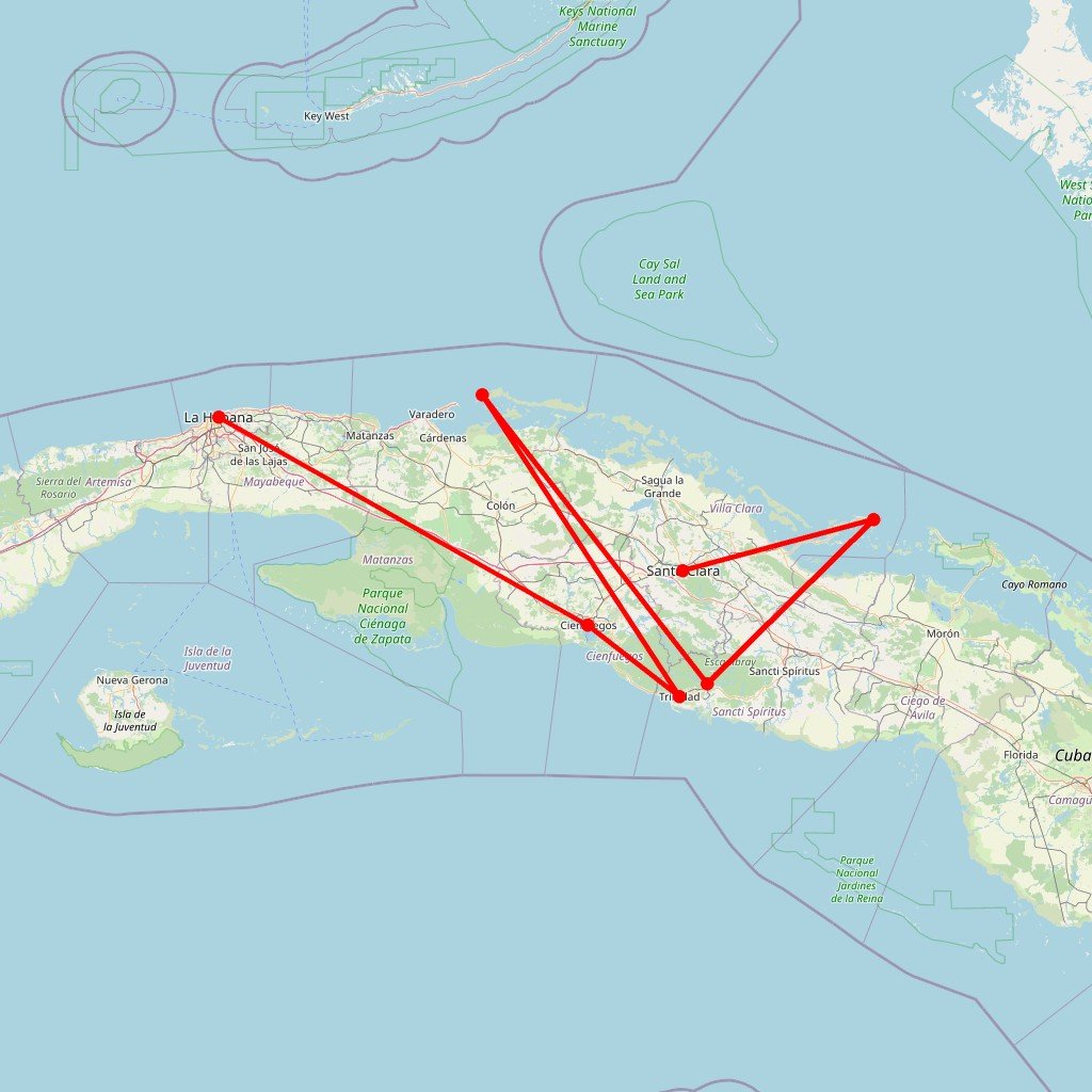 Carte de l'itinéraire du circuit Les incontournables de Cuba, en maison d'hôte de charme tout confort avec balades, visites, baignades, sorties en bateau... en Cuba