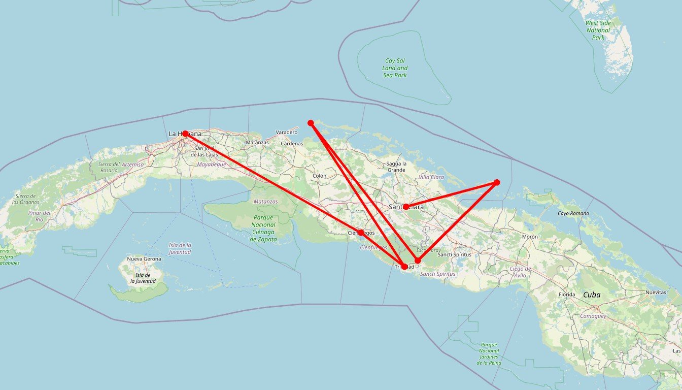 Carte de l'itinéraire du circuit Circuit Les incontournables de Cuba, en maison d'hôte de charme tout confort avec balades, visites, baignades, sorties en bateau... en Cuba