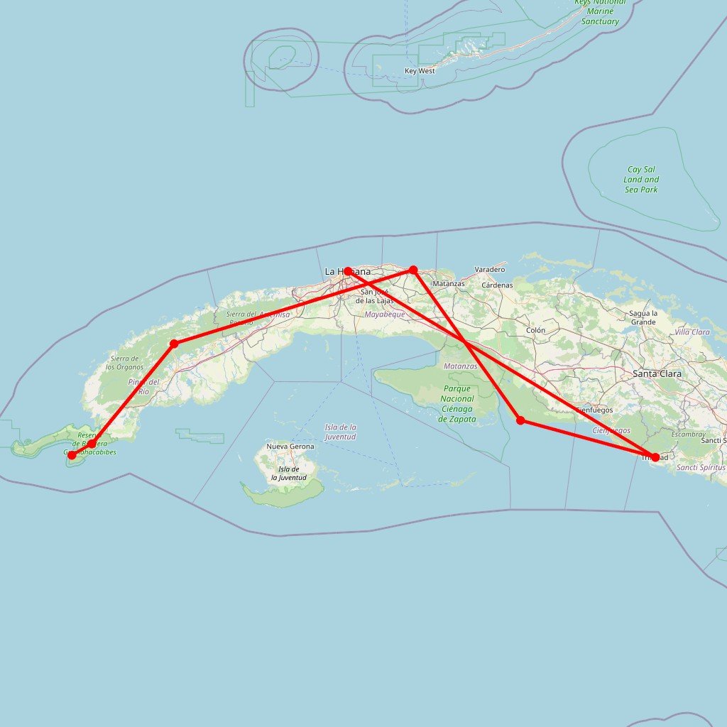 Carte de l'itinéraire du circuit Immersion plongée à Cuba: des fonds marins de l'île jusqu'aux joyaux de Guanahacabibes en Cuba