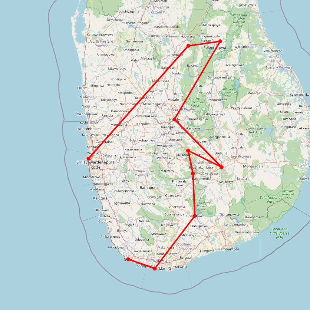 Carte de l'itinéraire du circuit Rando d'exception au Sri Lanka : Adam’s Peak, Monts Knuckles et Horton Plains, enlacés par les plages du sud en Sri Lanka