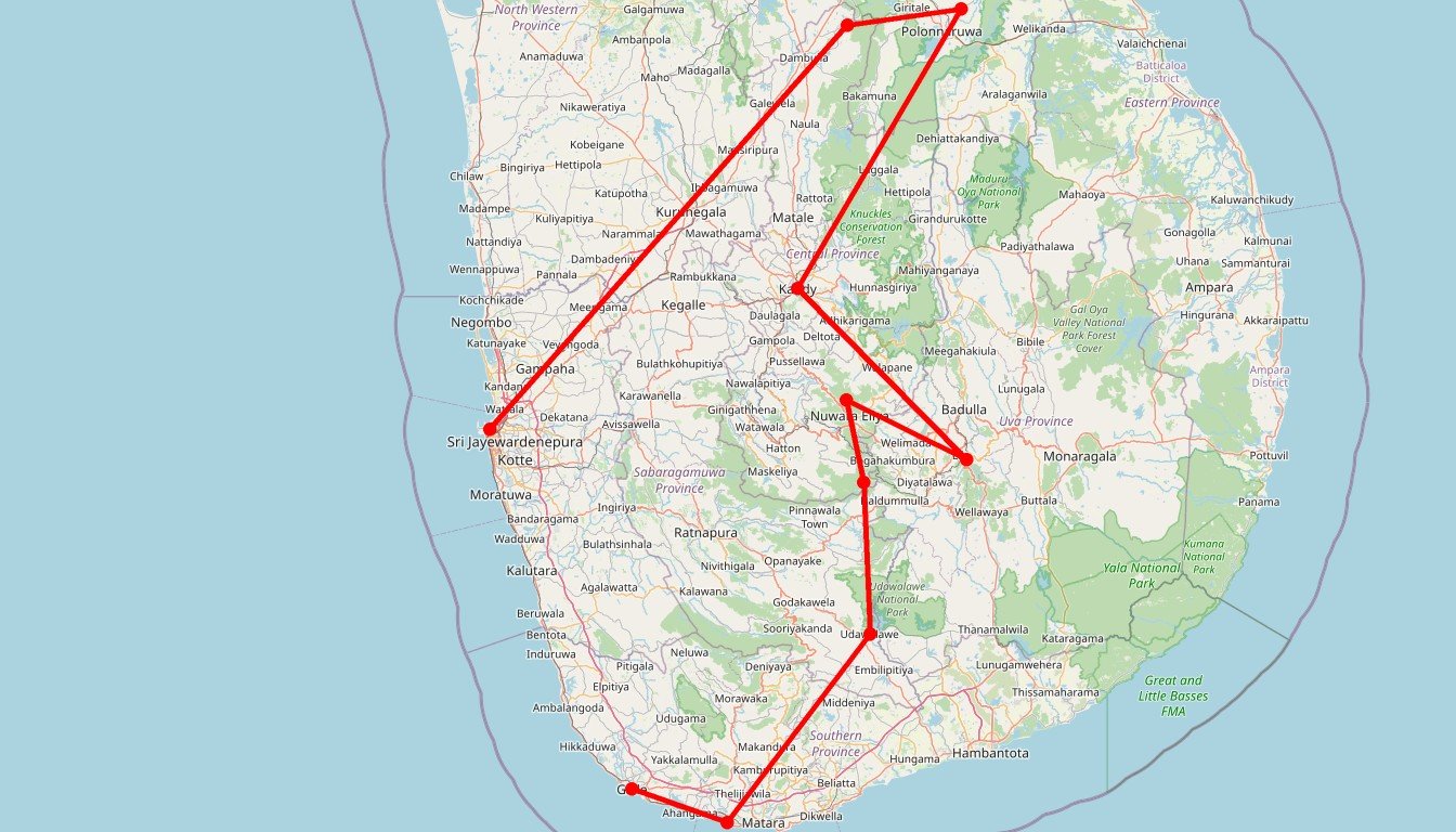 Carte de l'itinéraire du circuit Circuit Rando d'exception au Sri Lanka : Adam’s Peak, Monts Knuckles et Horton Plains, enlacés par les plages du sud en Sri Lanka