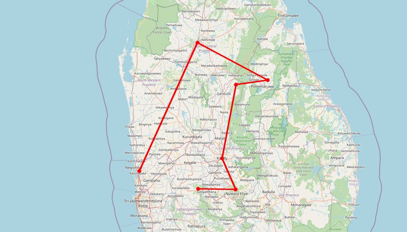 Carte de l'itinéraire du circuit Circuit Sri Lanka en 10 jours : trésors culturels et plantations de thé avec chauffeur privé en Sri Lanka