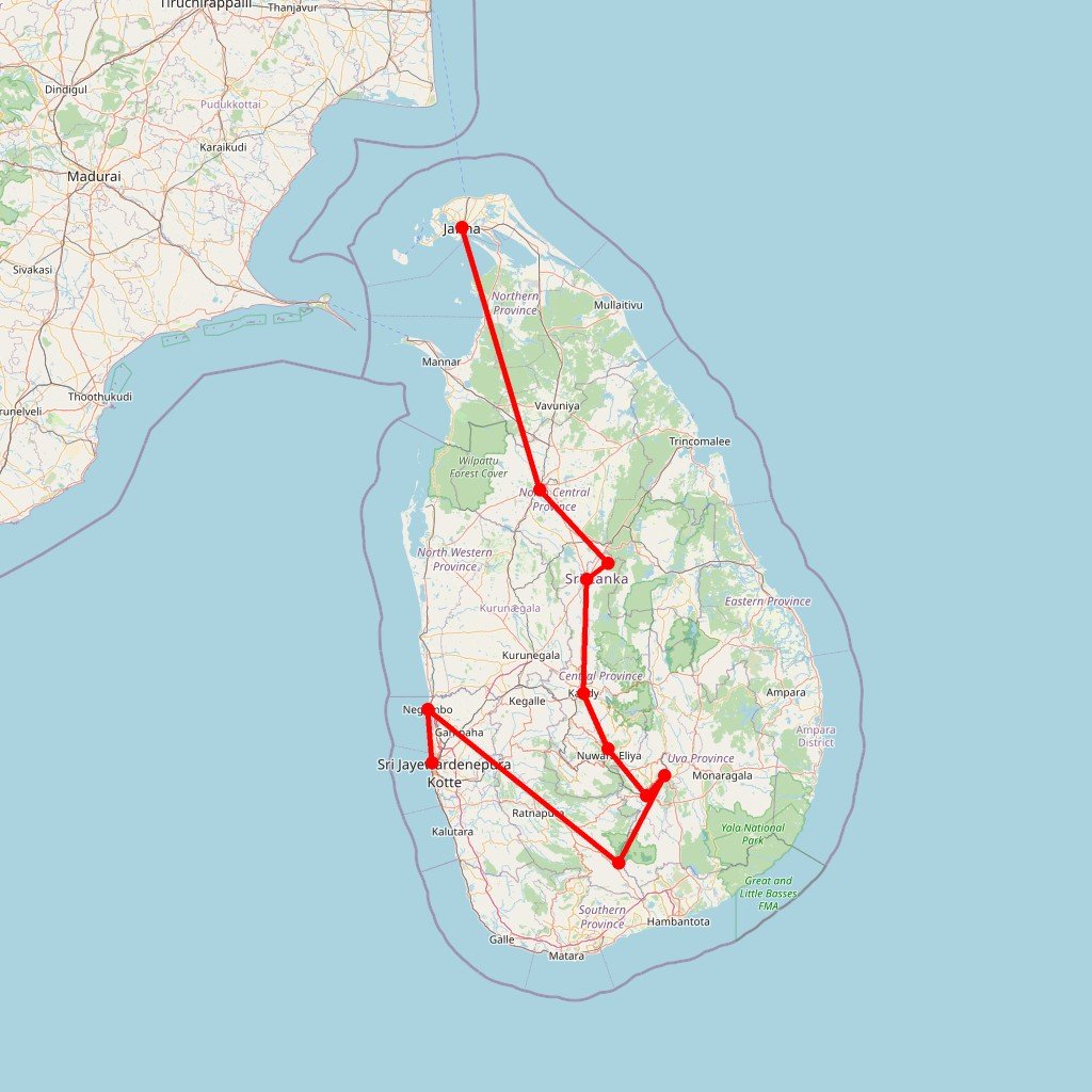 Carte de l'itinéraire du circuit Sri Lanka hors des sentiers: aventure de Colombo à Jaffna en passant par Udawalawe et Sigiriya, le rocher du Lion en Sri Lanka