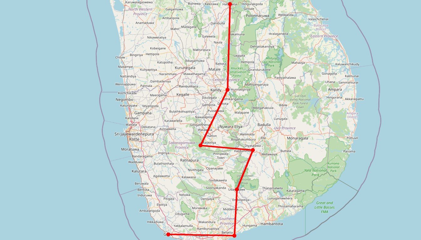 Carte de l'itinéraire du circuit Circuit Ascension d'Adam's Peak et immersion sri-lankaise : trek, plantations et littoral en Sri Lanka