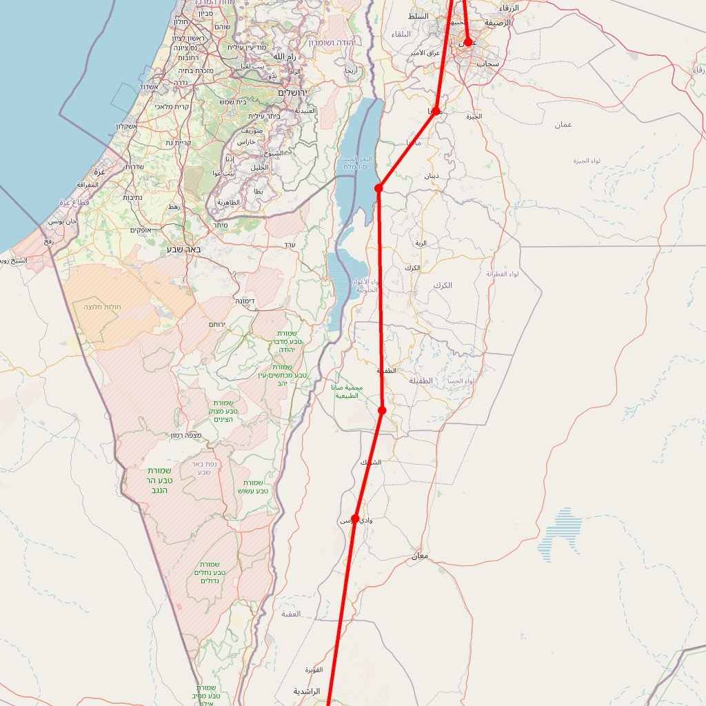 Carte de l'itinéraire du circuit en Jordanie – 12 jours pour Petra, Mer Morte, Wadi Rum et autres trésors en Jordanie
