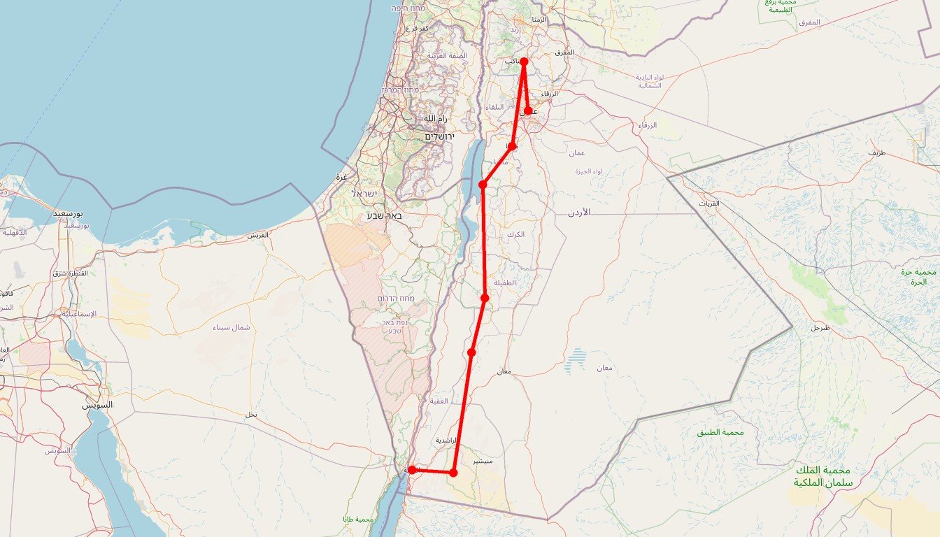 Carte de l'itinéraire du circuit Circuit en Jordanie – 12 jours pour Petra, Mer Morte, Wadi Rum et autres trésors en Jordanie