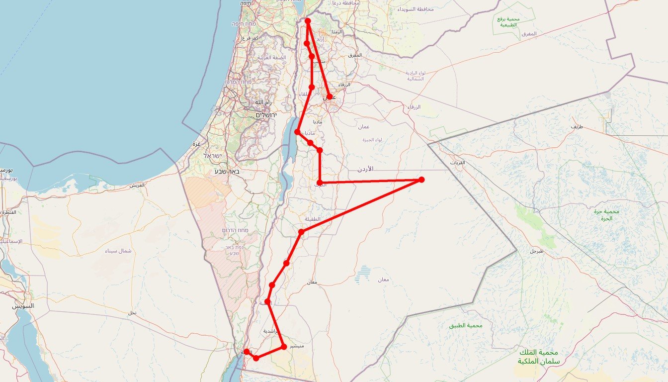 Carte de l'itinéraire du circuit Circuit Randonner sur le Jordan Trail : d'Um Qais à la mer Rouge, une traversée sauvage de la Vallée du Jourdain en Jordanie