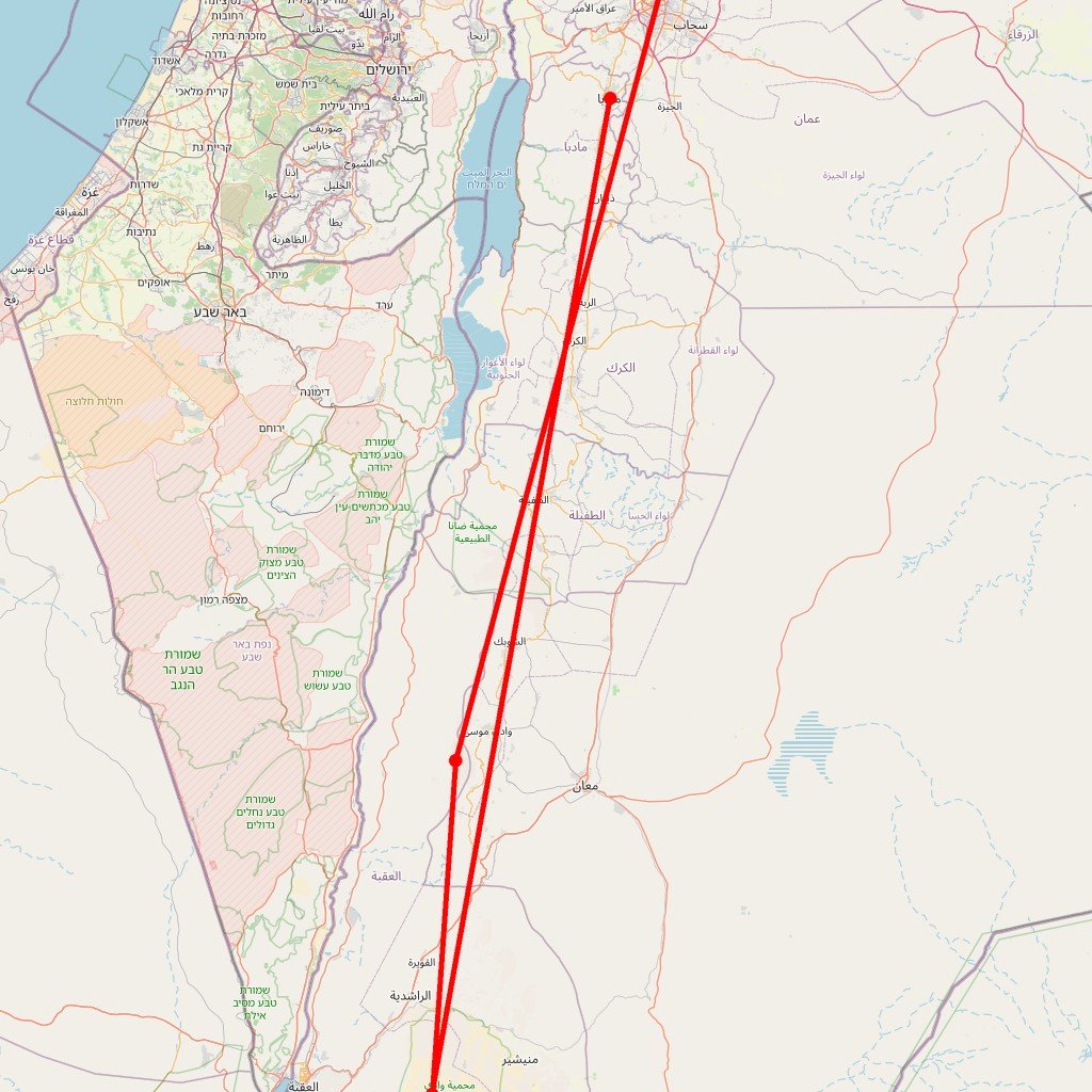 Carte de l'itinéraire du circuit Pétra et Wadi Rum : traversée colorée entre vallée arc-en-ciel et déserts rougeoyants en Jordanie