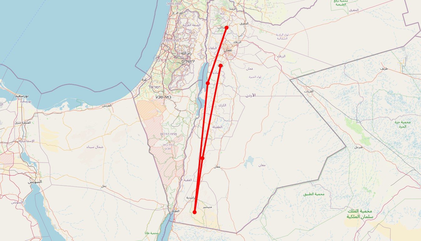 Carte de l'itinéraire du circuit Circuit Aventure jordanienne : d'Amman à Pétra via le Wadi Rum, la Mer Morte et Jerash en Jordanie