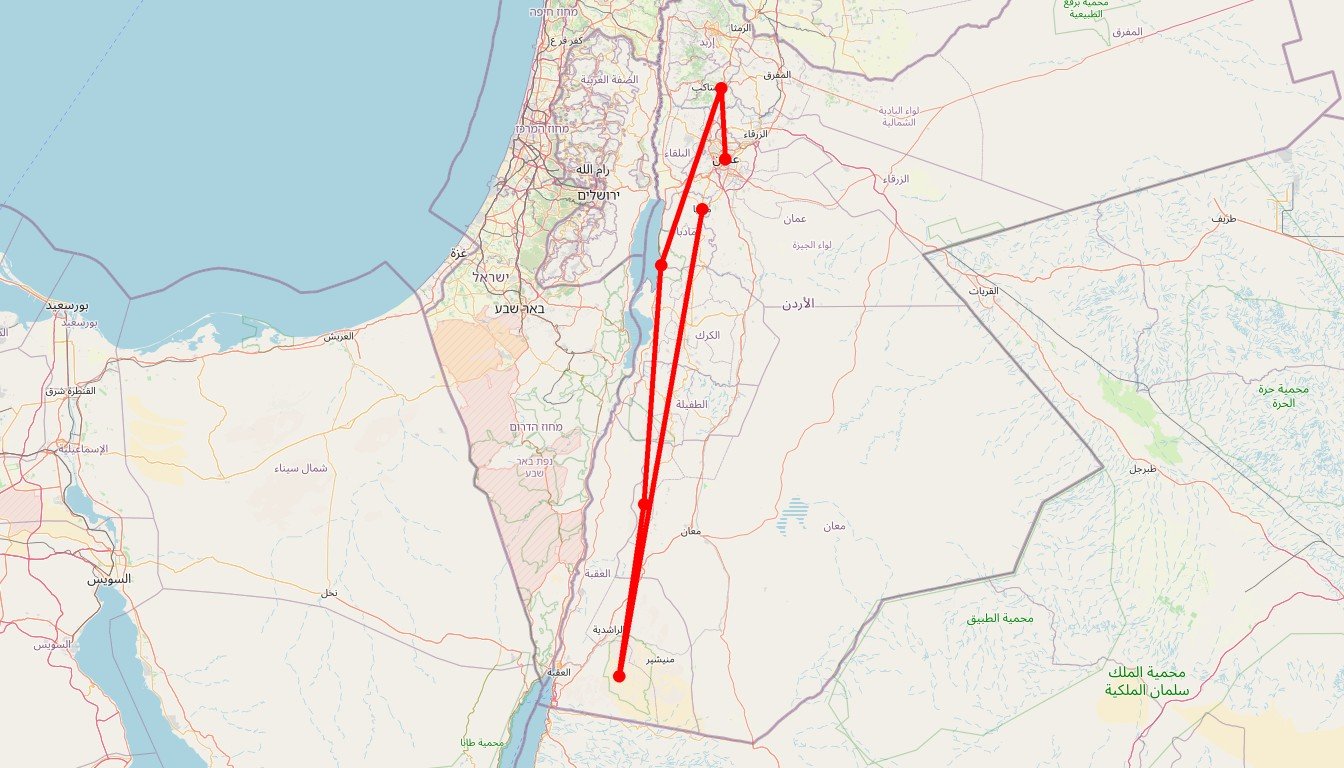 Carte de l'itinéraire du circuit Circuit Aventure jordanienne en petit groupe : Pétra, Wadi Rum et Mer Morte en Jordanie