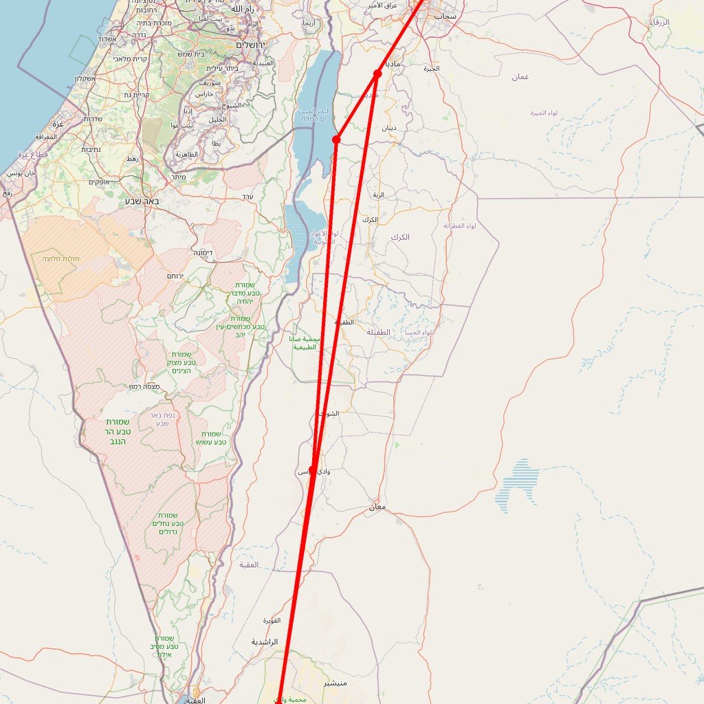Carte de l'itinéraire du circuit sur la Route des Rois en Jordanie : Pétra, Wadi Rum, Madaba et Mer Morte, séjours d’exception en Jordanie