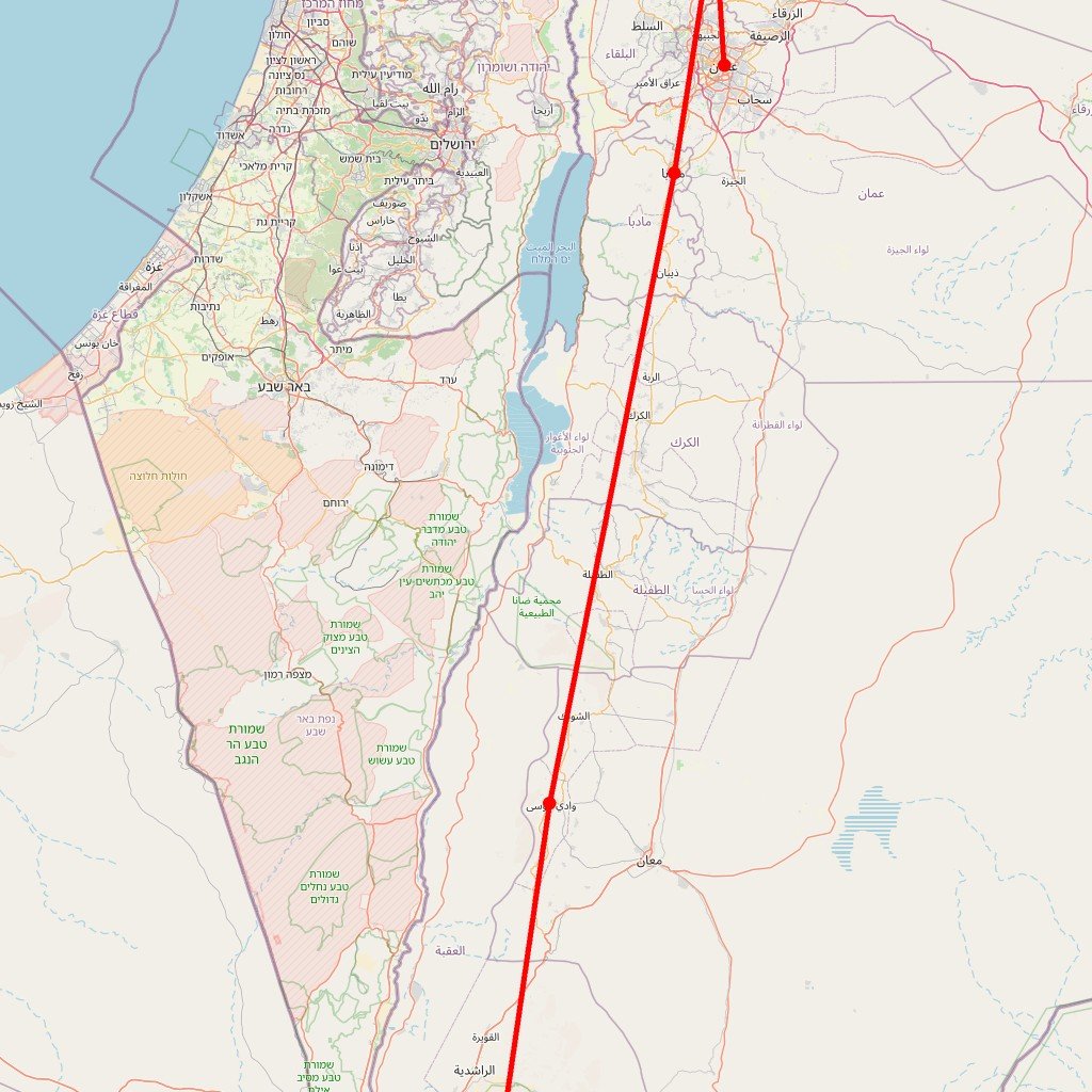 Carte de l'itinéraire du circuit Évasion pédestre confortable en Jordanie : Madaba, Nébo, Jerash, Mer Morte, Pétra et Wadi Rum en Jordanie