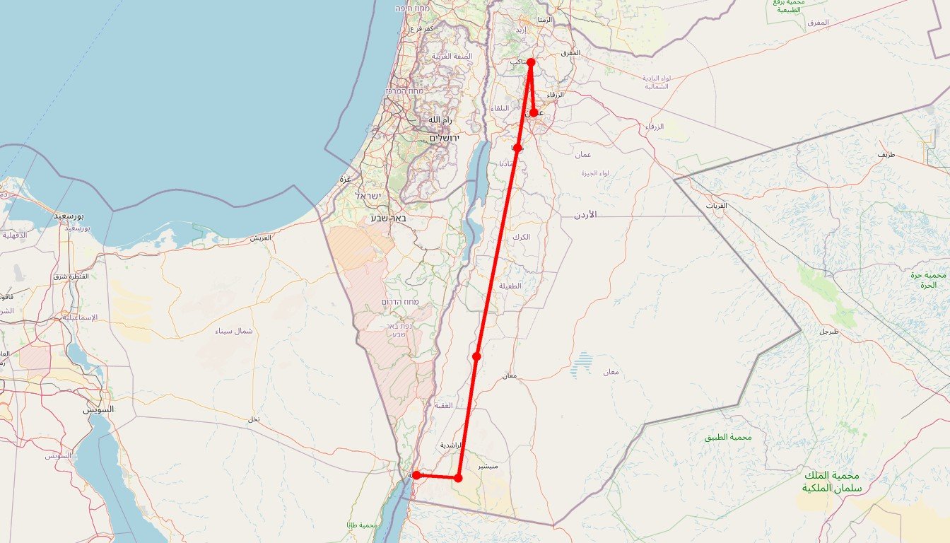Carte de l'itinéraire du circuit Circuit Évasion pédestre confortable en Jordanie : Madaba, Nébo, Jerash, Mer Morte, Pétra et Wadi Rum en Jordanie
