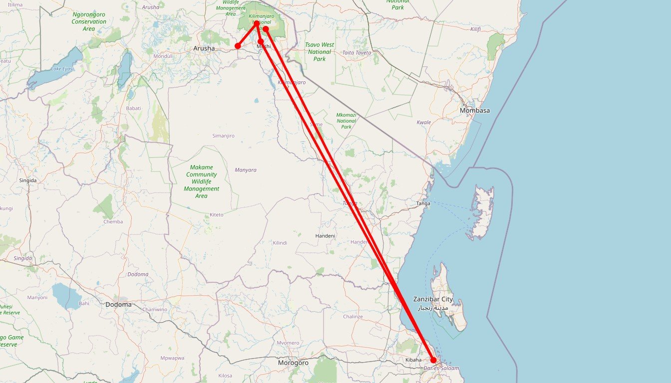 Carte de l'itinéraire du circuit Circuit Ascension du Kilimandjaro par la voie Machame en Tanzanie