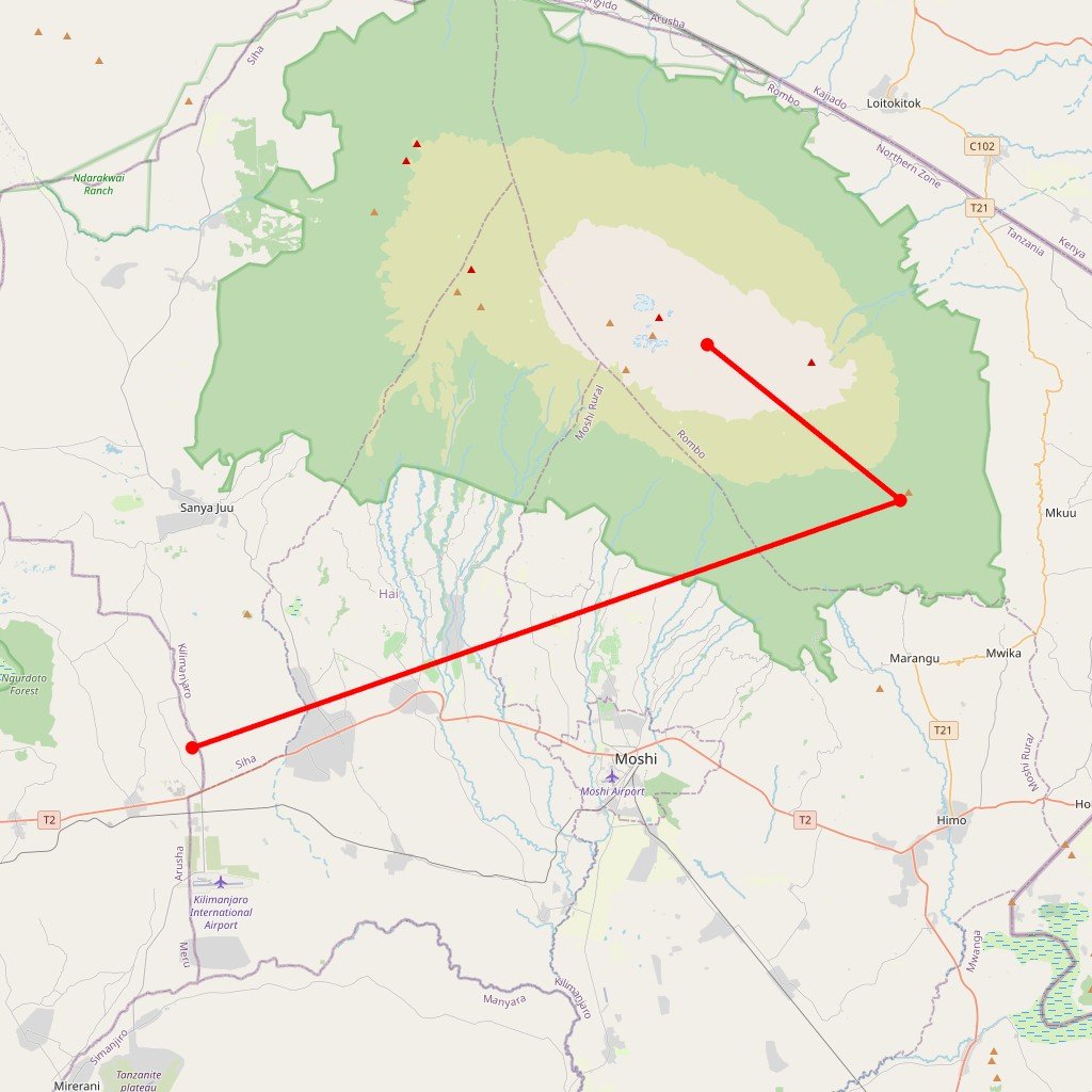 Carte de l'itinéraire du circuit Ascension du Kilimandjaro par la voie Marangu en Tanzanie