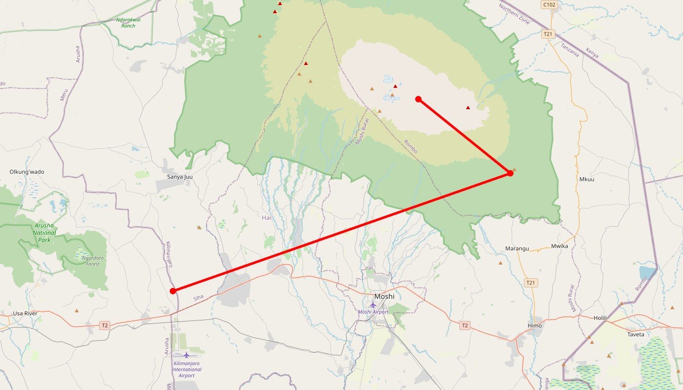 Carte de l'itinéraire du circuit Circuit Ascension du Kilimandjaro par la voie Marangu en Tanzanie