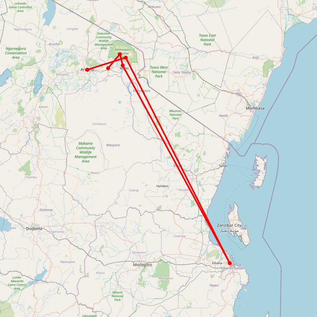 Carte de l'itinéraire du circuit Trekking groupé Kilimandjaro par la voie Machame en Tanzanie