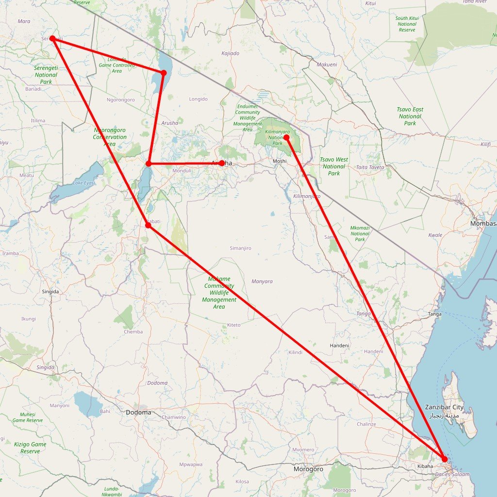 Carte de l'itinéraire du safari Privatif Shikamoo en Tanzanie