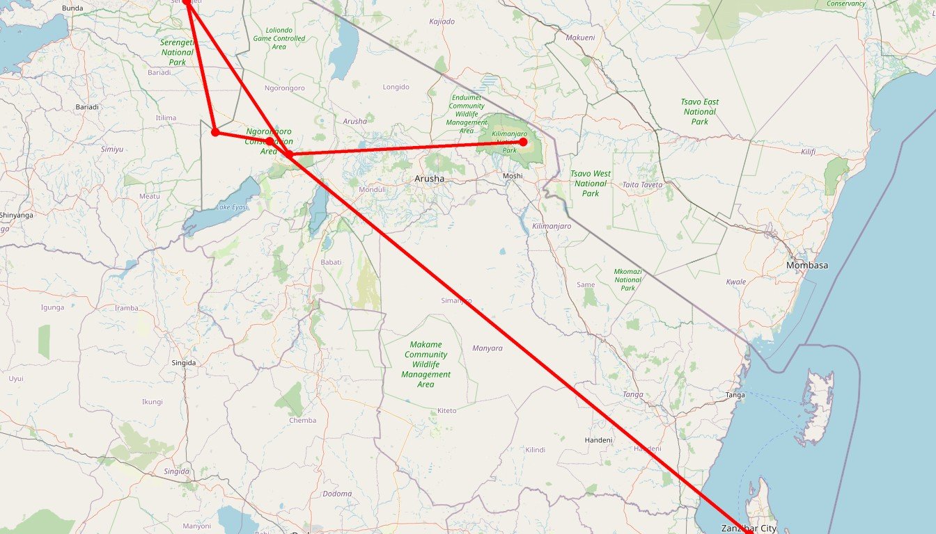 Carte de l'itinéraire du circuit Safari Lune de miel en Tanzanie en Tanzanie