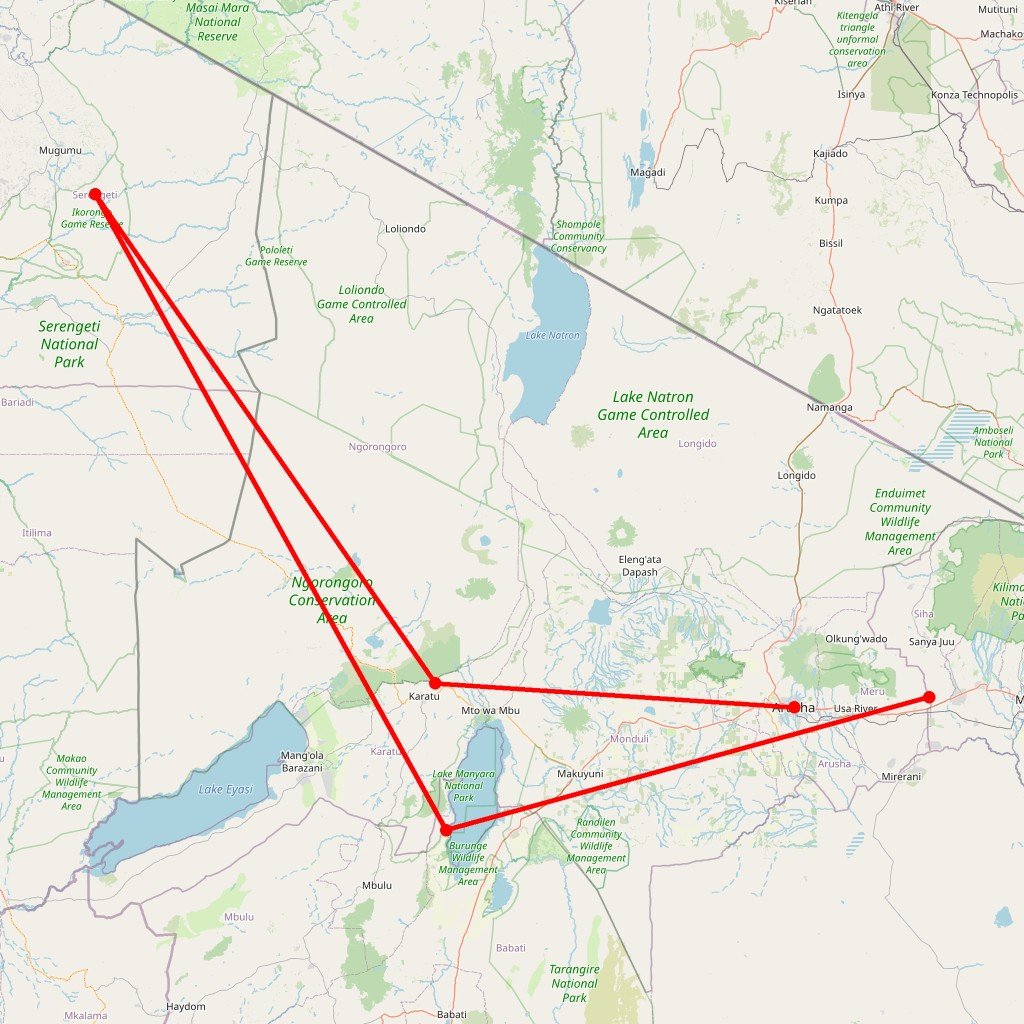 Carte de l'itinéraire du safari privatif Hakuna Matata en Tanzanie