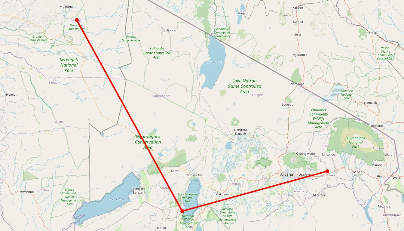 Carte de l'itinéraire du circuit Safari groupé Hakuna Matata en Tanzanie