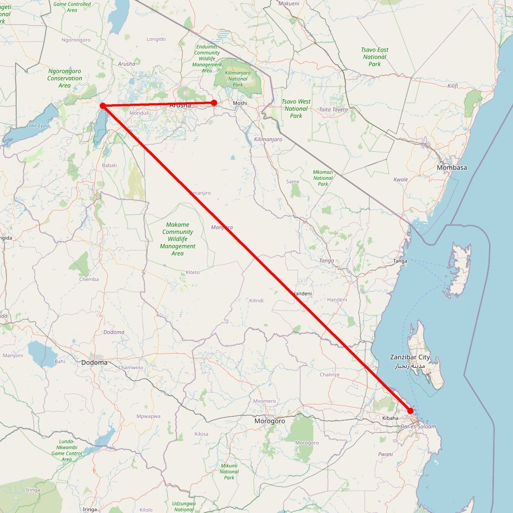 Carte de l'itinéraire du safari groupé Karibuni en Tanzanie