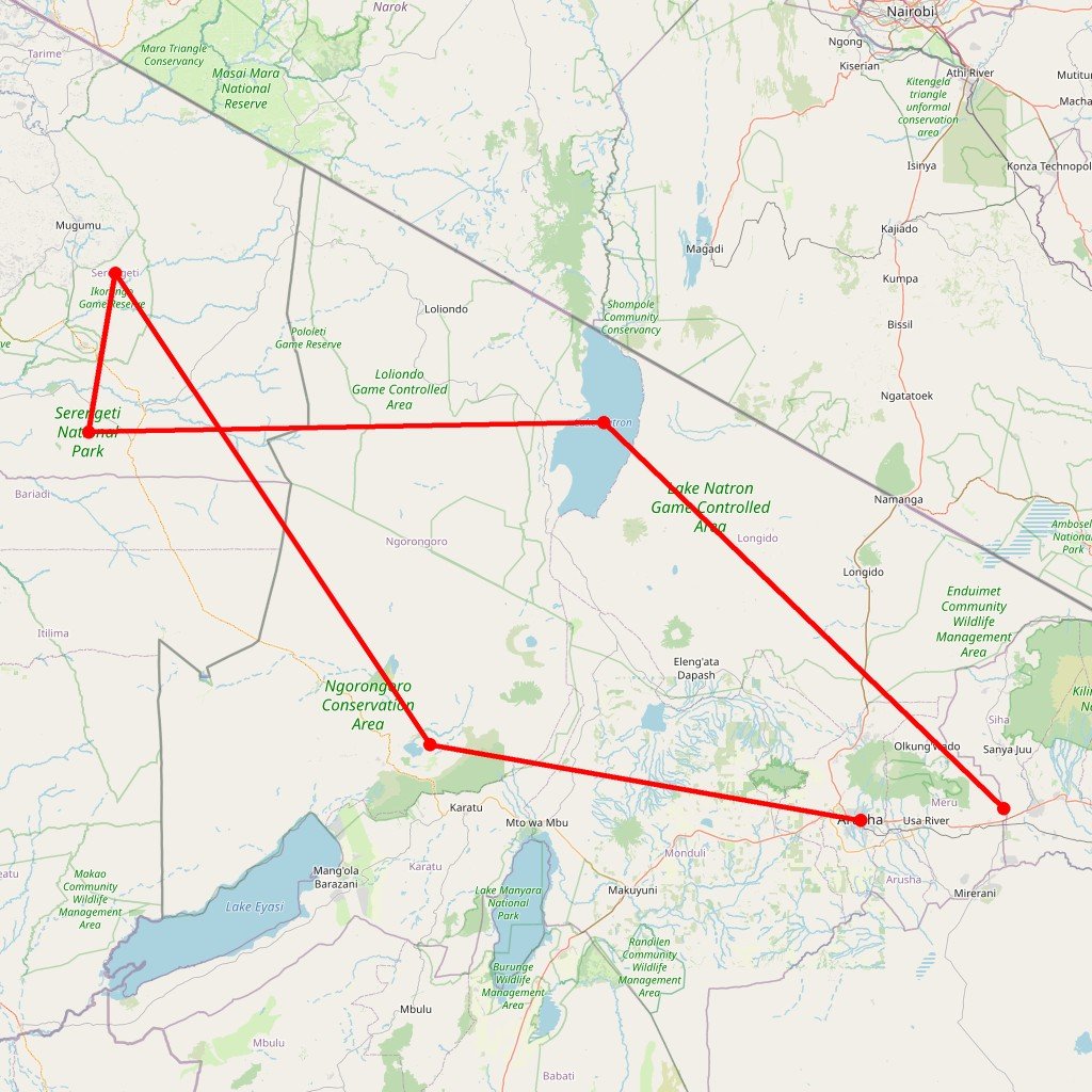 Carte de l'itinéraire du safari Privatif Esprit de Tanzanie en Tanzanie