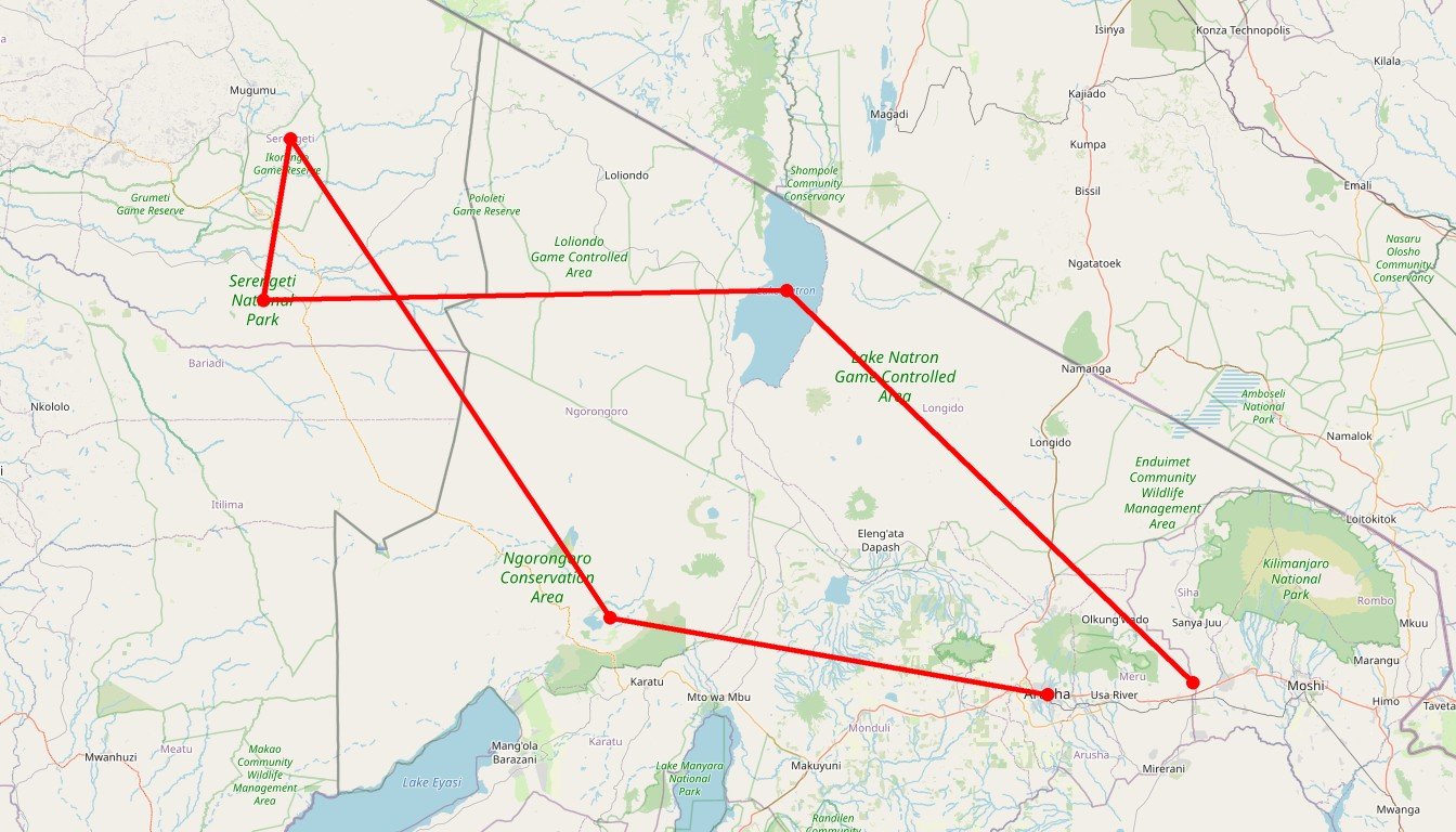 Carte de l'itinéraire du circuit Safari Privatif Esprit de Tanzanie en Tanzanie