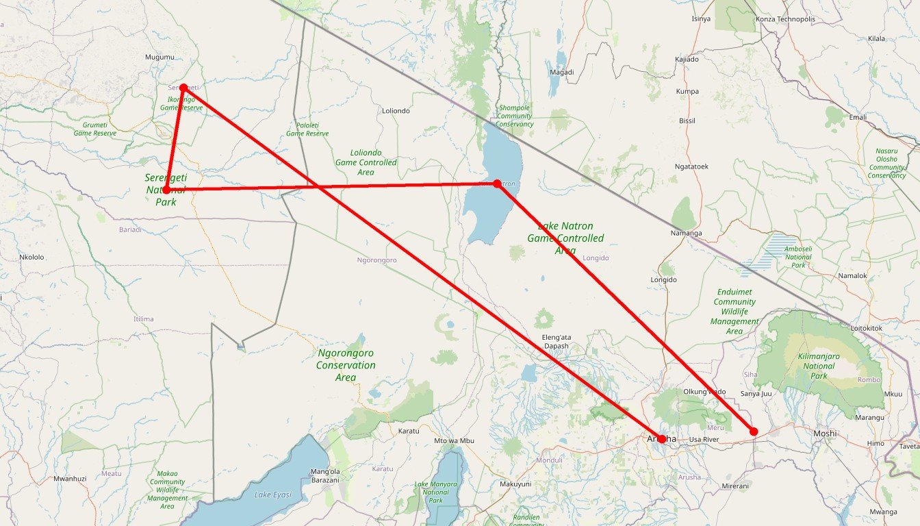 Carte de l'itinéraire du circuit Safari groupé Esprit de Tanzanie en Tanzanie