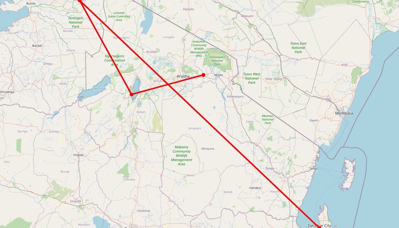 Carte de l'itinéraire du circuit Safari Escape Safari et Zanzibar en Tanzanie