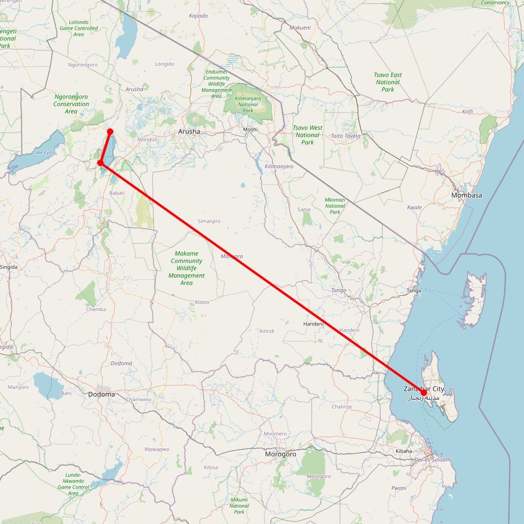 Carte de l'itinéraire du safari en Tanzanie en Famille en Tanzanie
