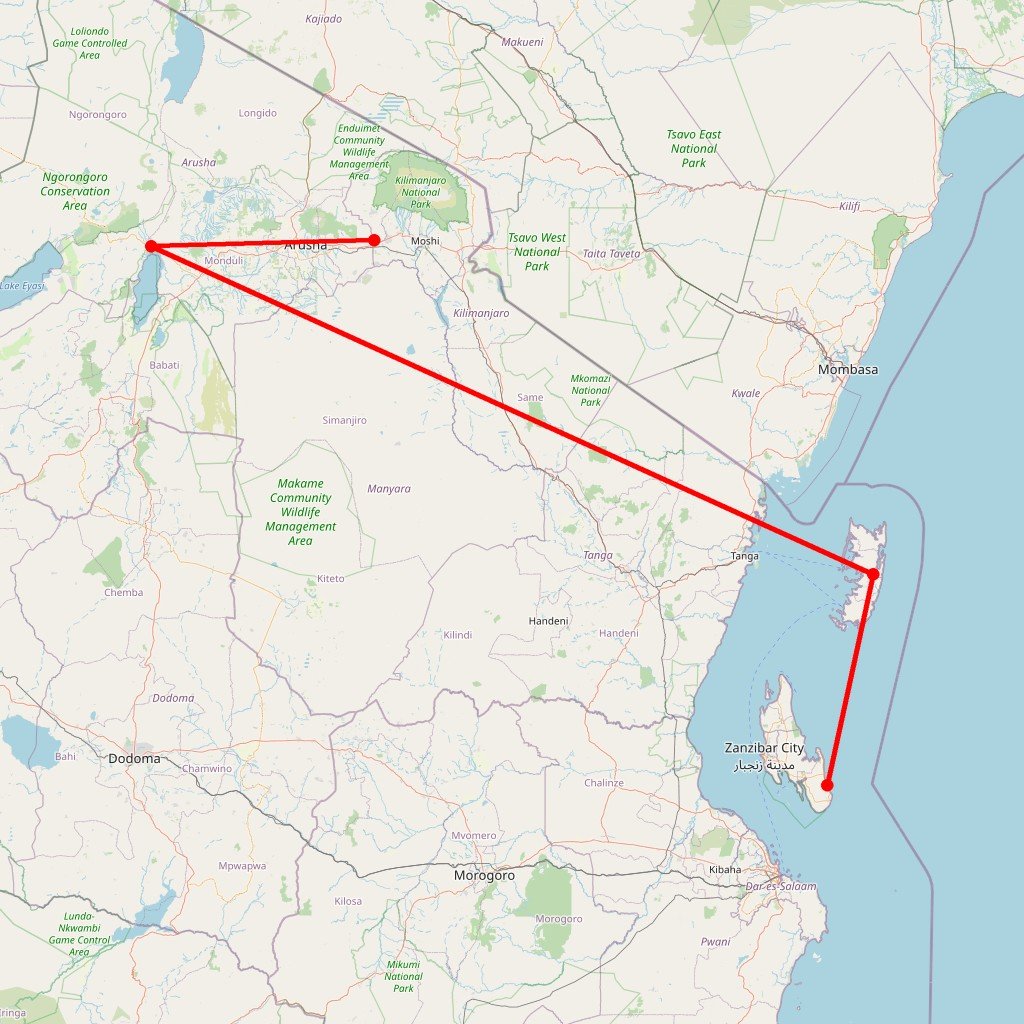 Carte de l'itinéraire du safari Karibuni 9 jours en Tanzanie