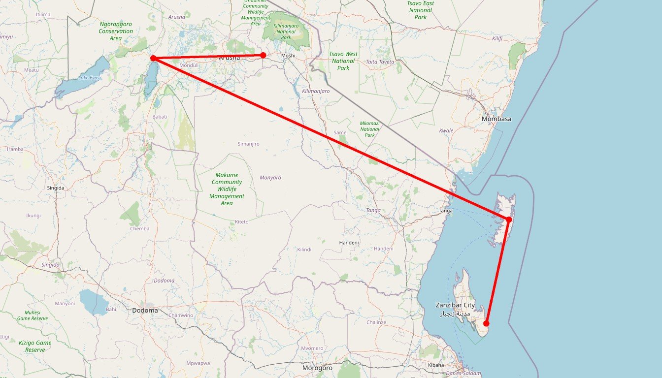 Carte de l'itinéraire du circuit Safari Karibuni 9 jours en Tanzanie