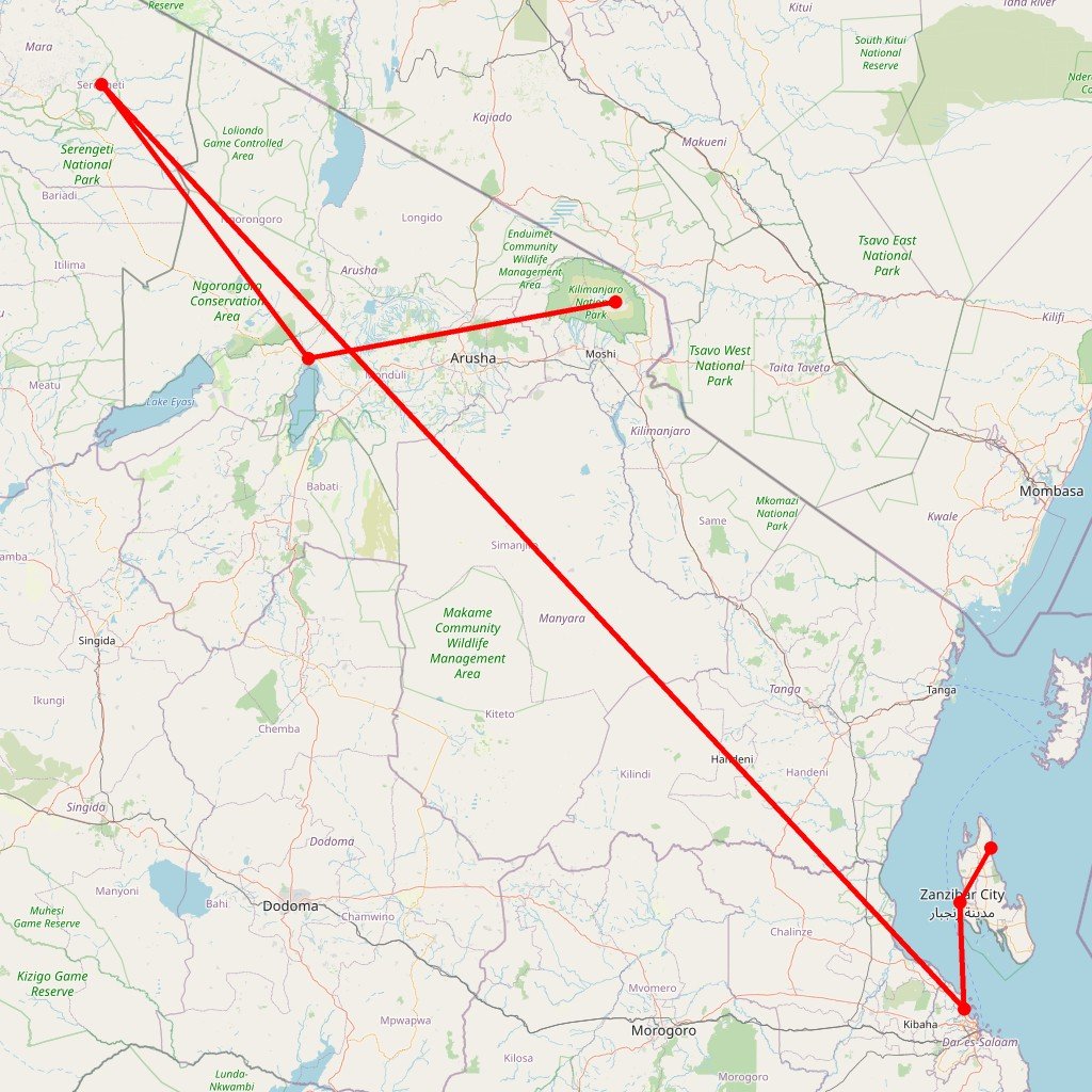 Carte de l'itinéraire du safari 10 jours Big Five & Zanzibar en Tanzanie