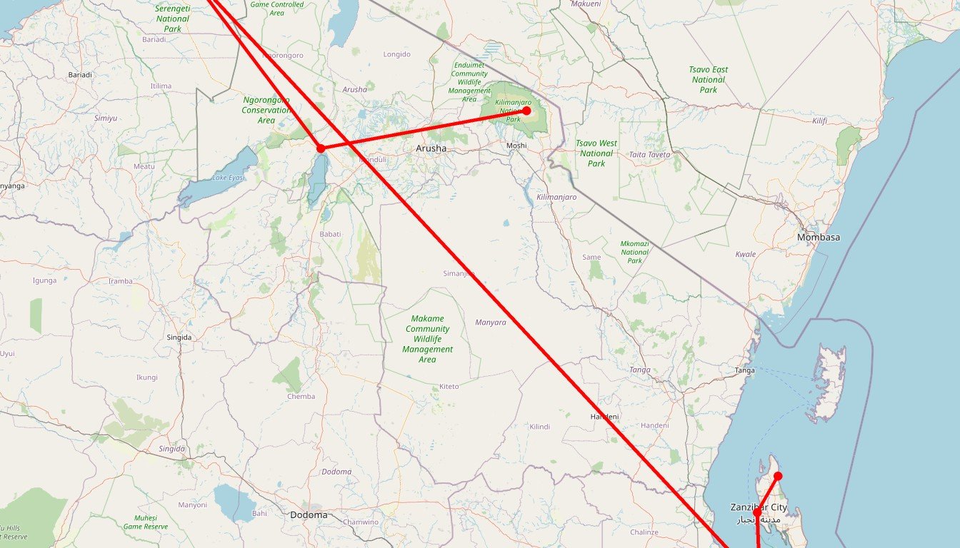 Carte de l'itinéraire du circuit Safari 10 jours Big Five & Zanzibar en Tanzanie