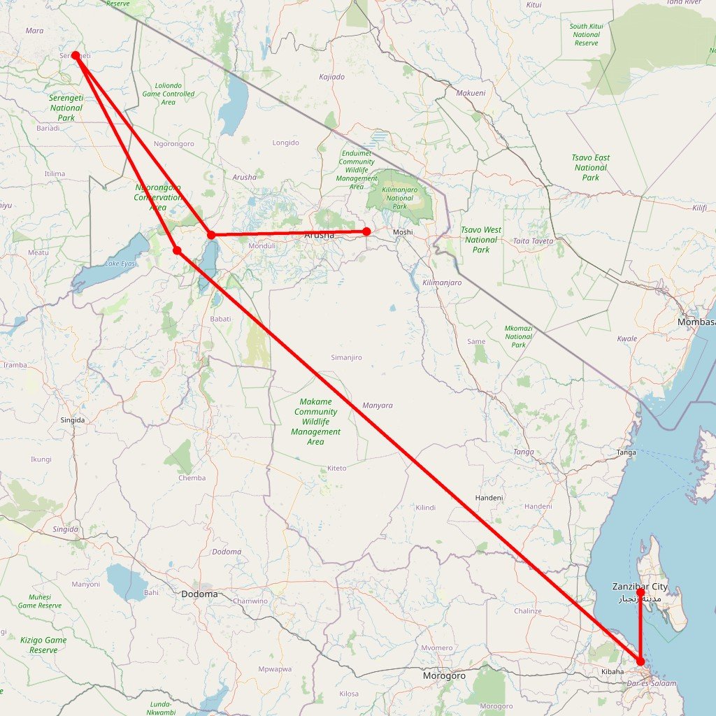 Carte de l'itinéraire du safari privatif 12 jours Hakuna Matata et extension Zanzibar en Tanzanie