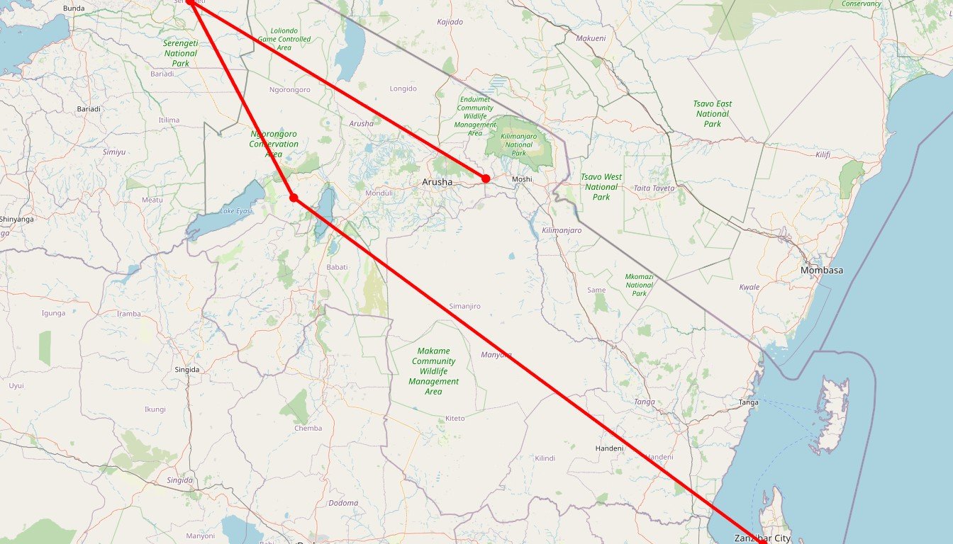 Carte de l'itinéraire du circuit Safari privatif 12 jours Hakuna Matata et extension Zanzibar en Tanzanie